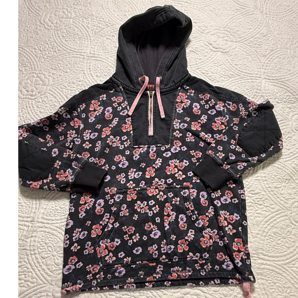FatFace Floral Hoodie Women USA‎ 4 Black Pink Quarter Zip Pullover Cotton FF